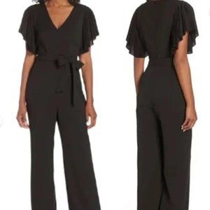 EUC Eliza J Women’s Black V Neck Flutter Sleeve Straight Leg Zip Belted Jumpsuit